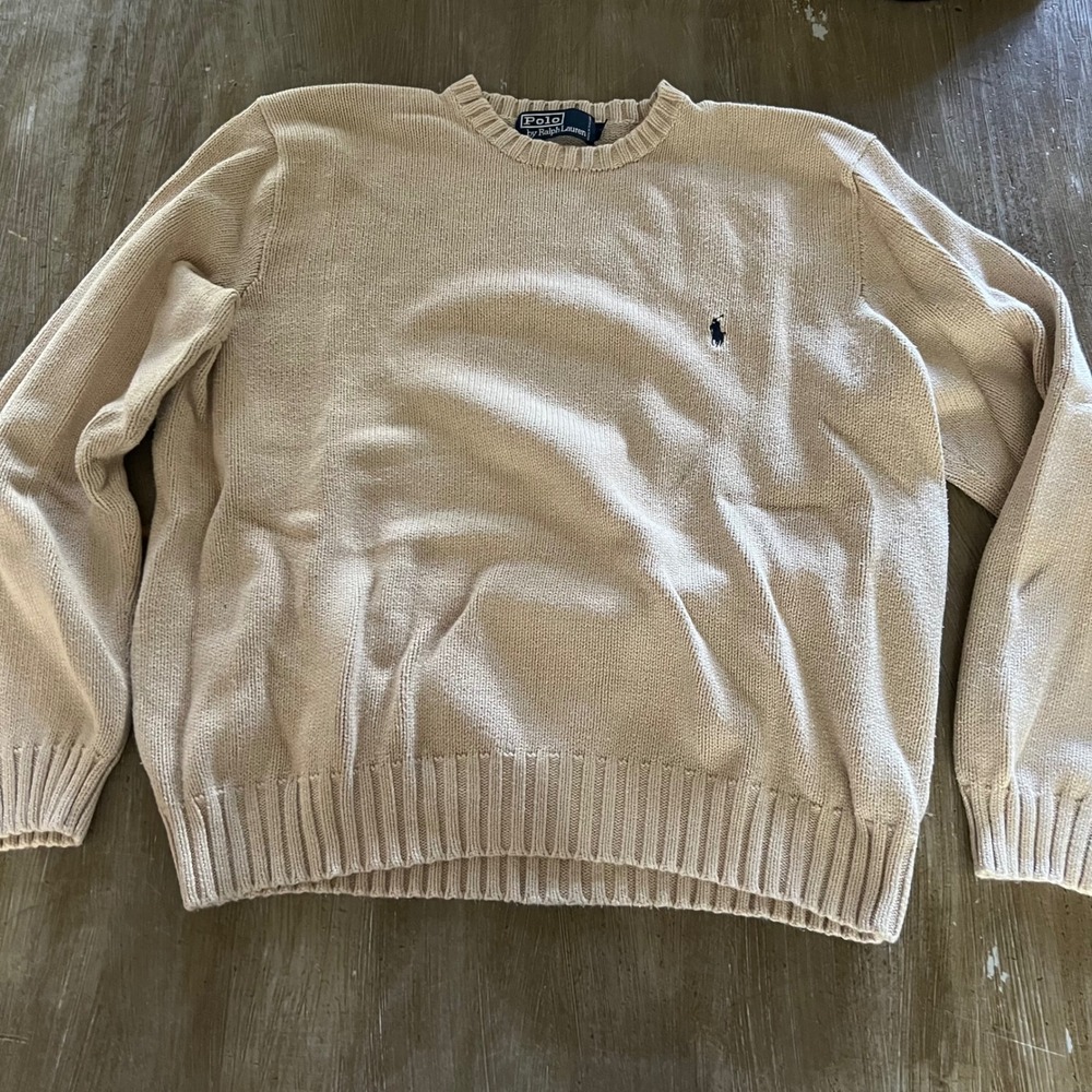 Polo Ralph Lauren Mens Tan Beige 100% Cotton Heavy Knit Crewneck Sweater Large